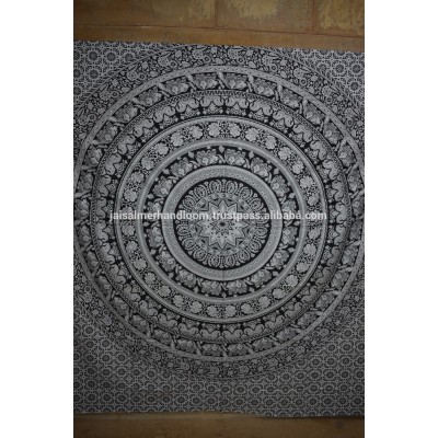 90 x 90 inch Elephant Mandala Indian Traditional Hippie Cotton Tapestry, Black and White, Queen