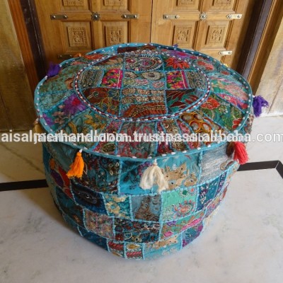 Decorative Round Pouf Cover Indian Patchwork Ottoman Throw Cotton Ethnic Pouffe